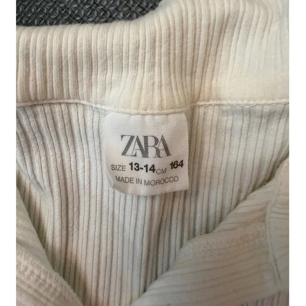 Zara Kids Girls White/Cream Ribbed Knit Polo Shirt Short Sleeve Size 13-14